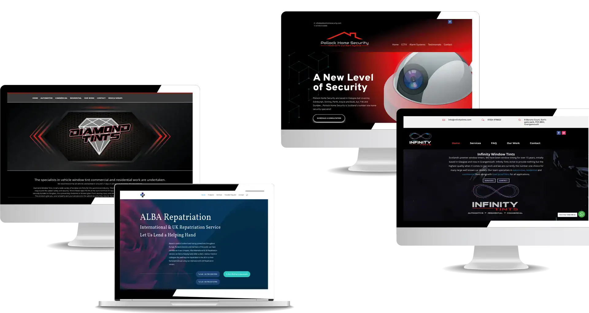 Client websites shown on desktop, laptop and tablet screens